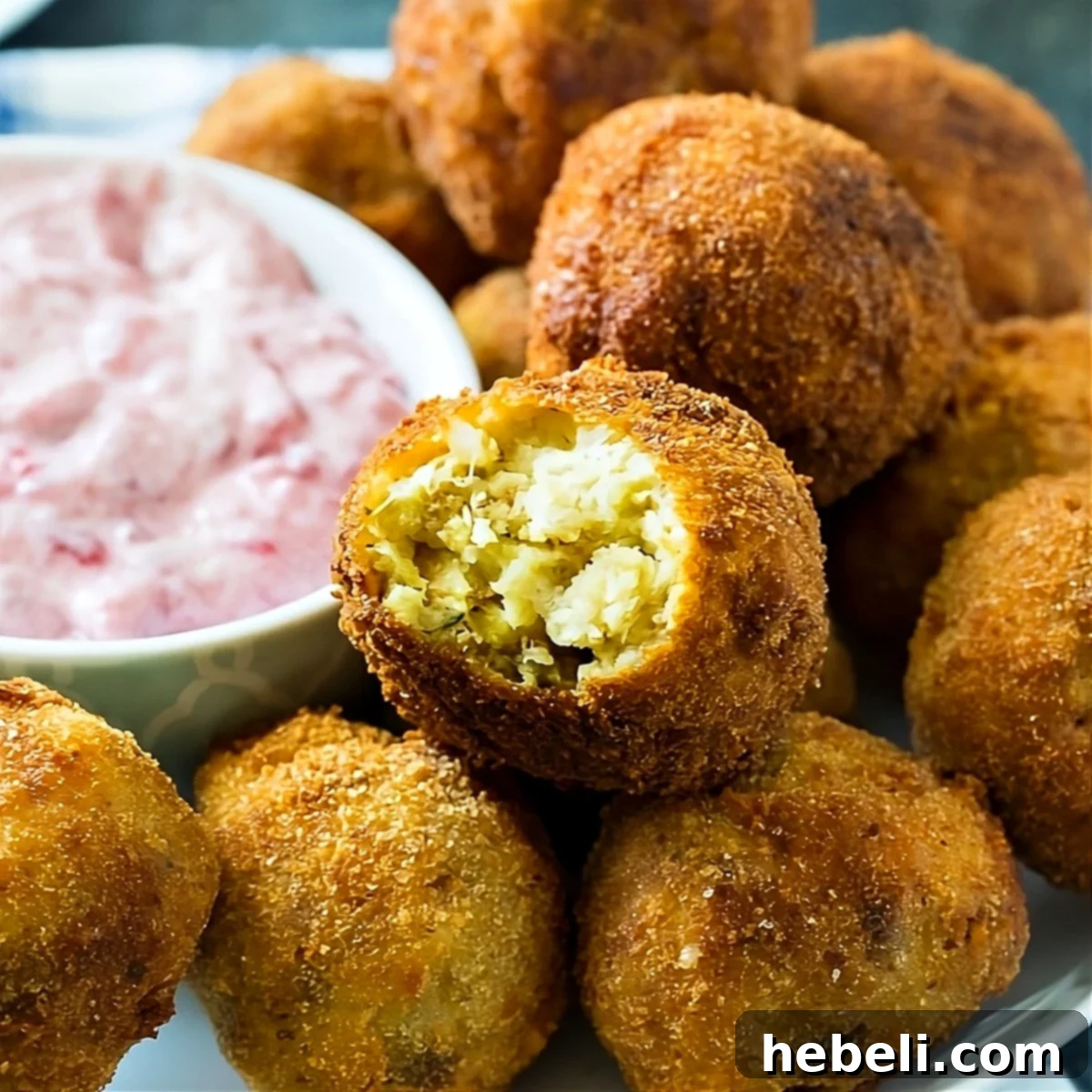 Crispy Deep-Fried Stuffing balls served attractively on a plate with a side of creamy cranberry dipping sauce, ready for sharing.