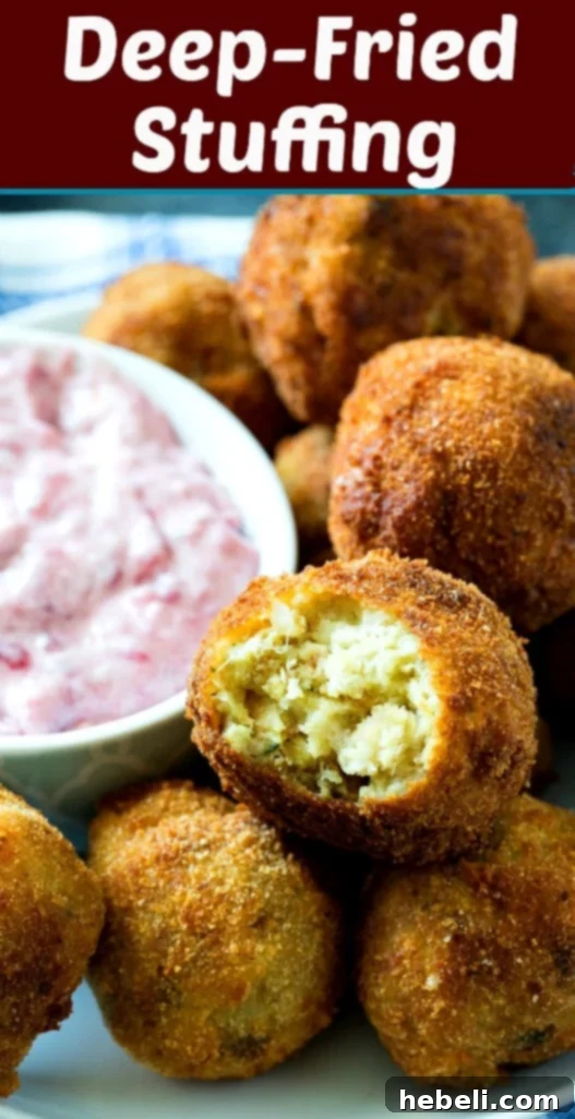 A close-up shot of crispy Deep-Fried Stuffing balls, highlighting their golden-brown exterior and delicious texture.