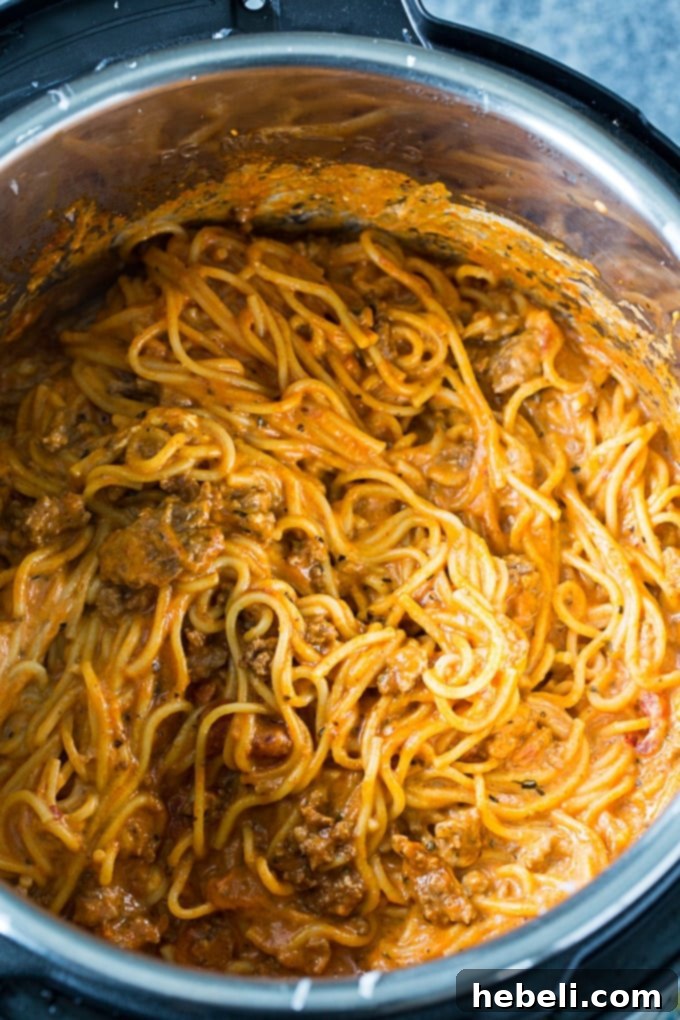 Velvety Instant Pot Cream Cheese Spaghetti 3 Instant Pot Cream Cheese Spaghetti in the pot.