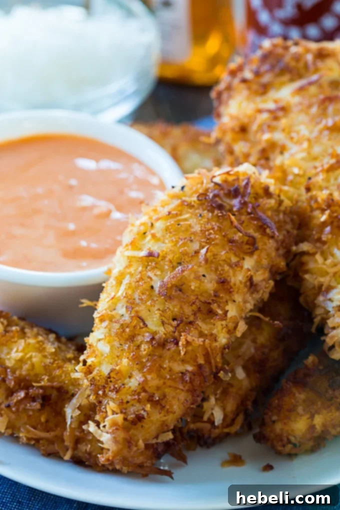 Island Coconut Chicken Strips 5 Stacked crispy Coconut Chicken Fingers on a rustic plate, ready to be served