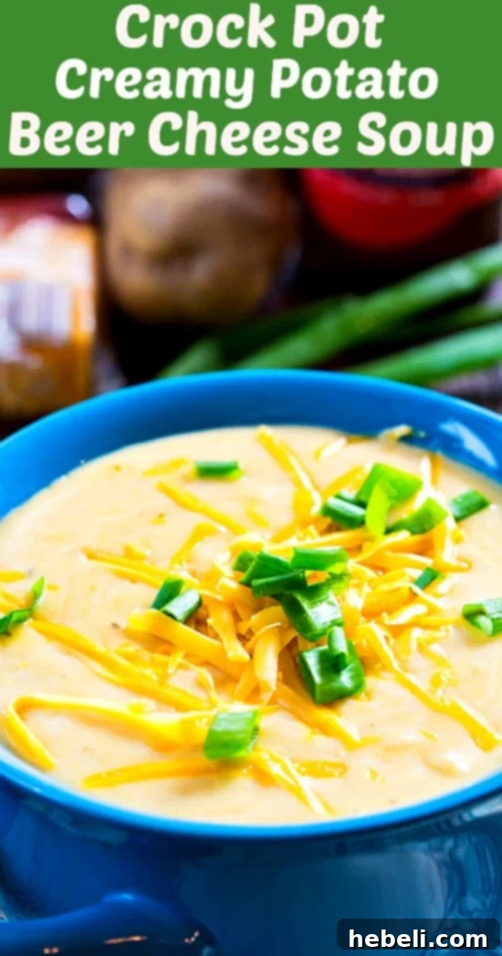 Velvety Slow Cooker Beer Cheese Potato Soup 7 Crock Pot Creamy Potato Beer Cheese Soup garnished with fresh green onions and served with bread