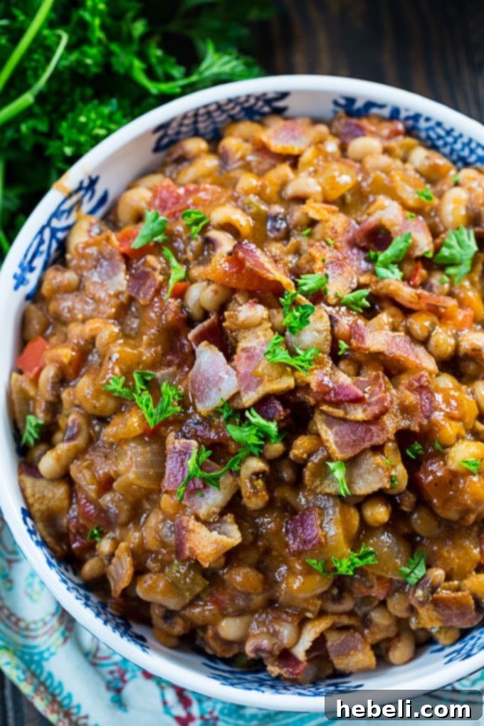 Close-up of Hot and Spicy Black-Eyed Peas with bacon and jalapeno