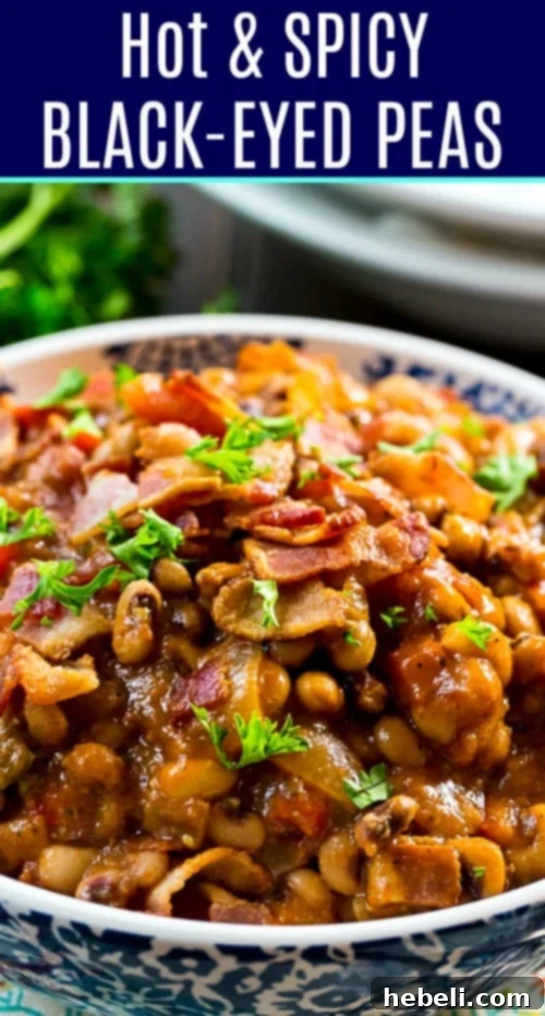 Delicious bowl of Hot and Spicy Black-Eyed Peas, ready to eat