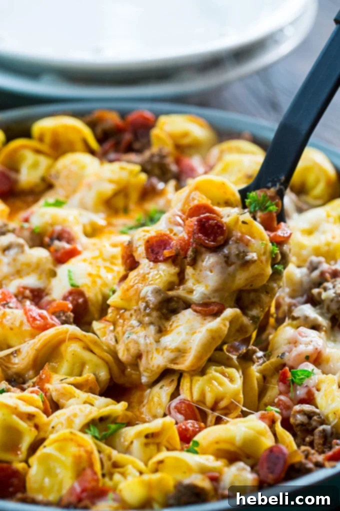 One Pot Meaty Tortellini close-up, showing melted cheese and rich sauce