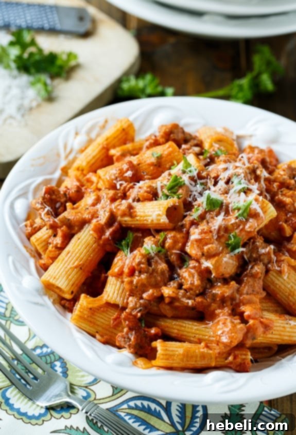 Sausage Rigatoni with Spicy Tomato Sauce - Comforting pasta dish with savory sausage and a creamy, spicy sauce.