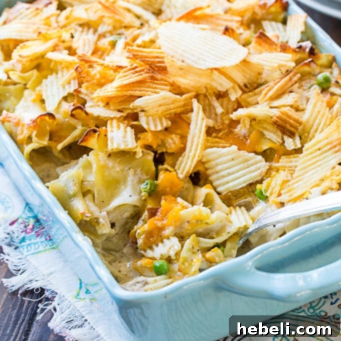 Delicious creamy from scratch tuna noodle casserole with a crispy potato chip topping