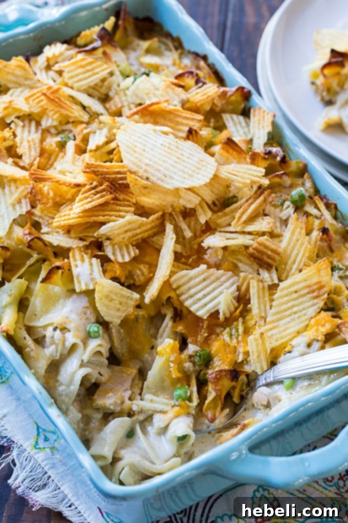 Close-up of the rich, creamy texture of homemade tuna noodle casserole