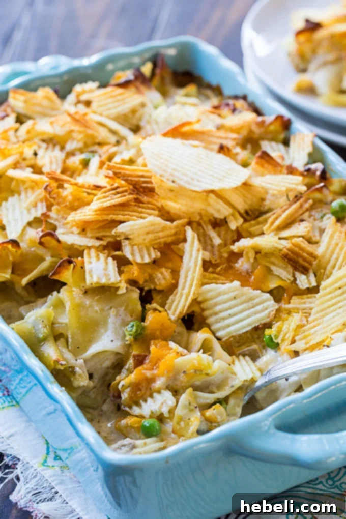 Overhead shot of the ingredients coming together for the tuna noodle casserole