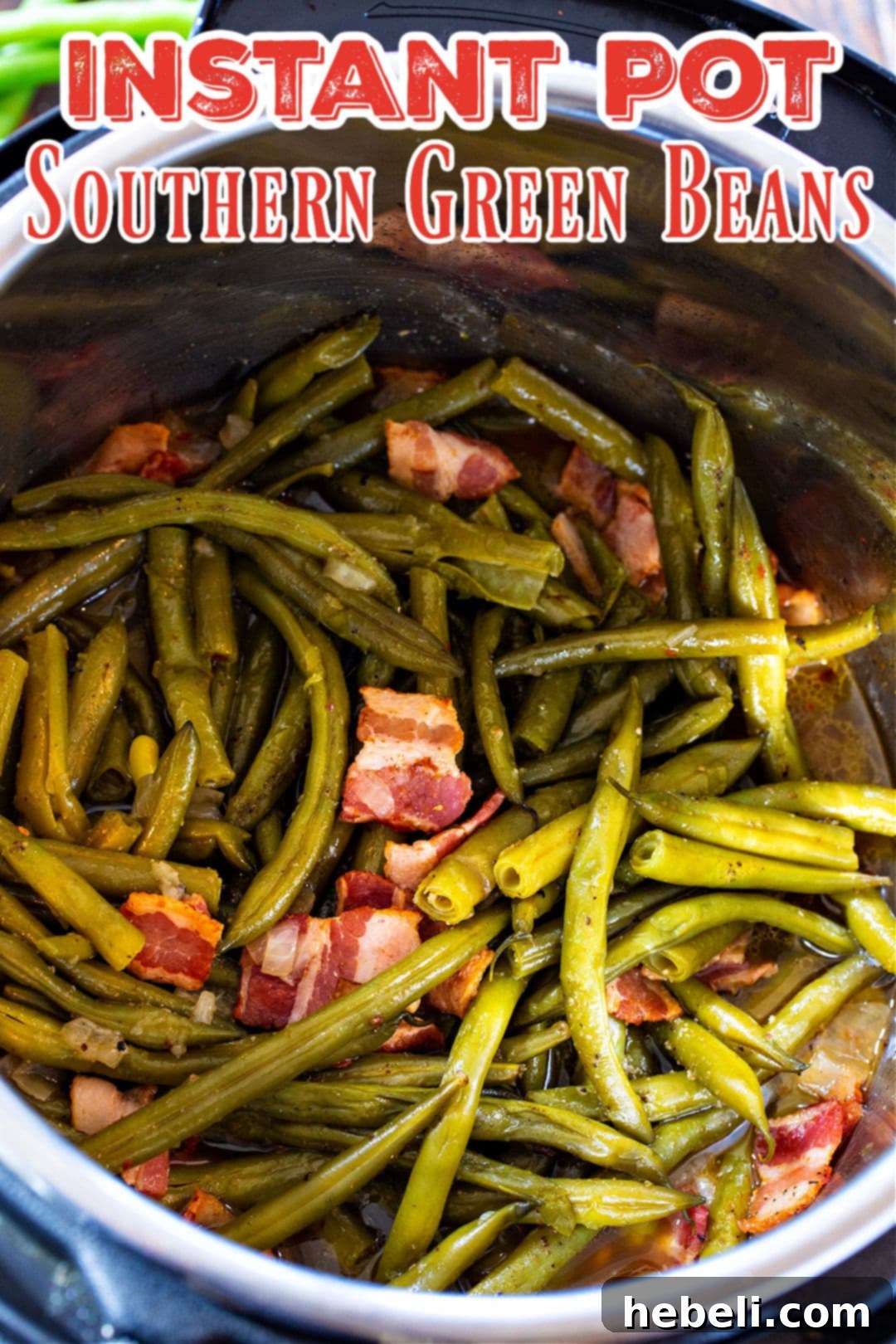 Freshly cooked green beans inside an Instant Pot, showcasing their vibrant green color and tender texture, ready for serving.