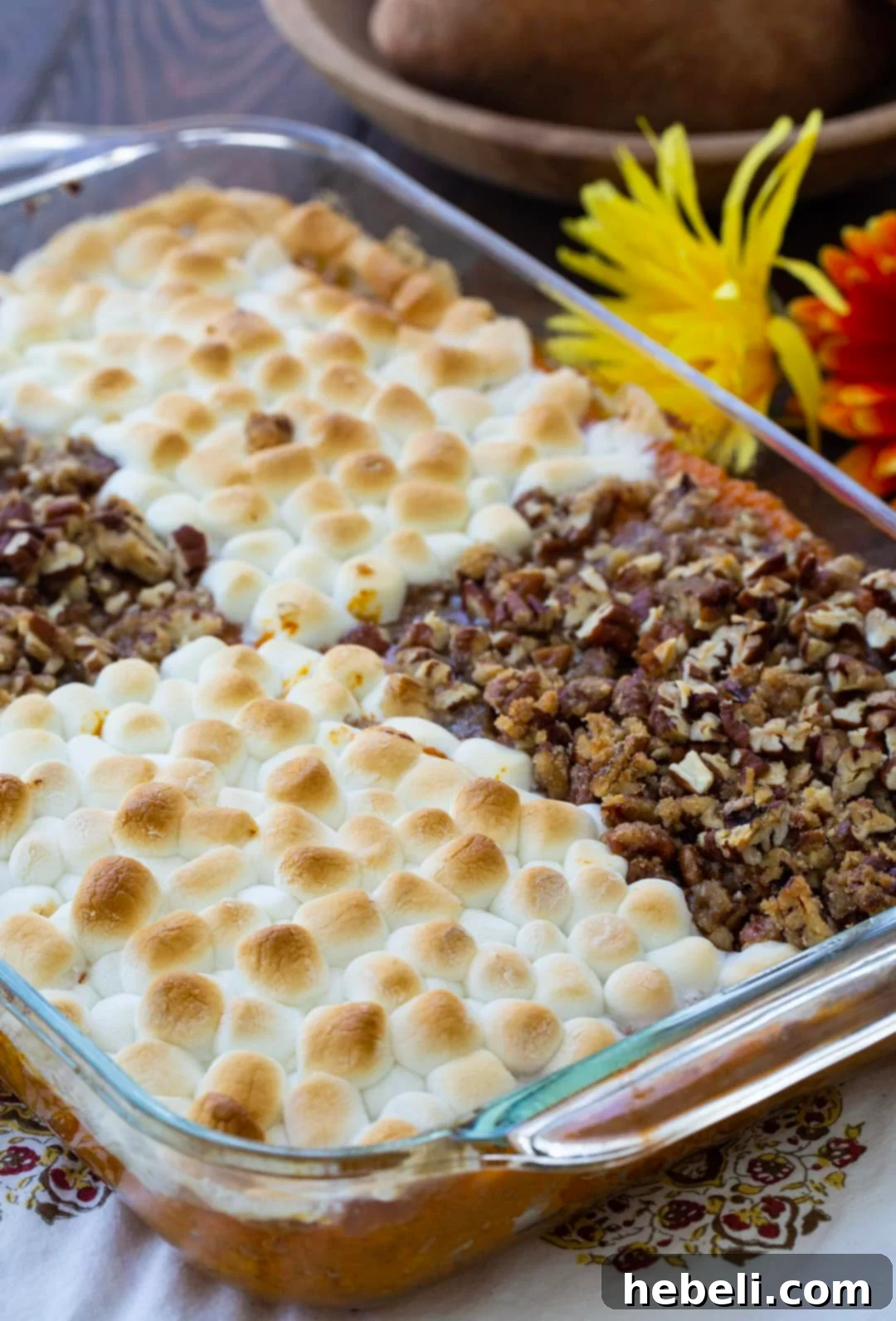 The finished Have It Both Ways Sweet Potato Casserole in a baking dish, showcasing its perfect bake and dual toppings.