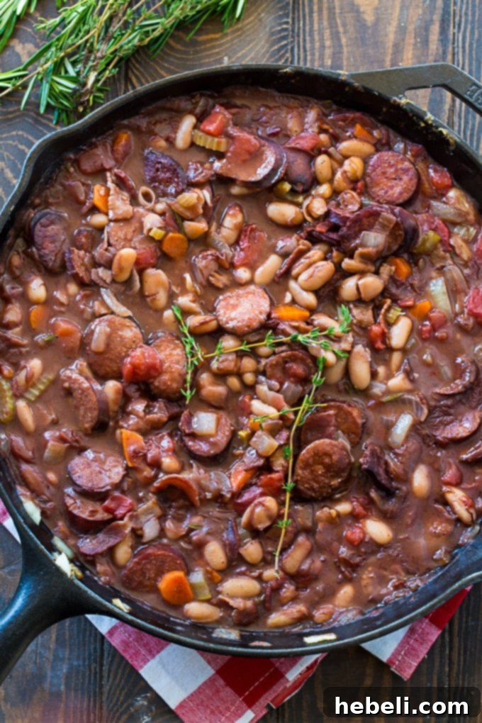 Close-up of Southern Cassoulet with beans and sausage