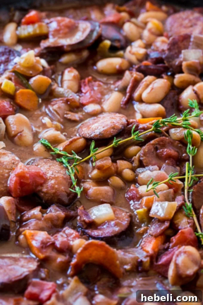 Southern Cassoulet ready to serve in a cast iron pan