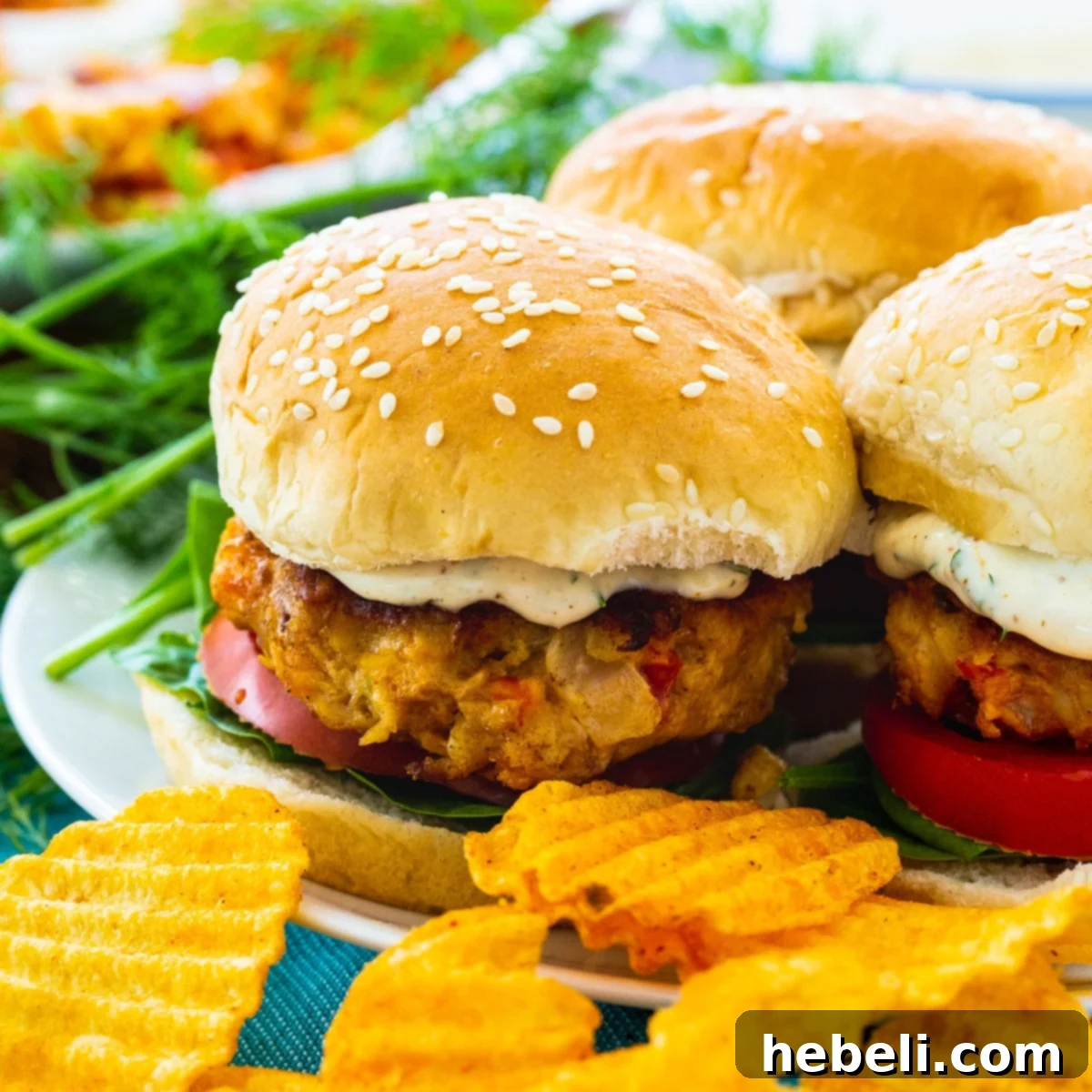 Two perfectly cooked Crawfish Burgers on a plate with crispy potato chips, ready to be enjoyed.
