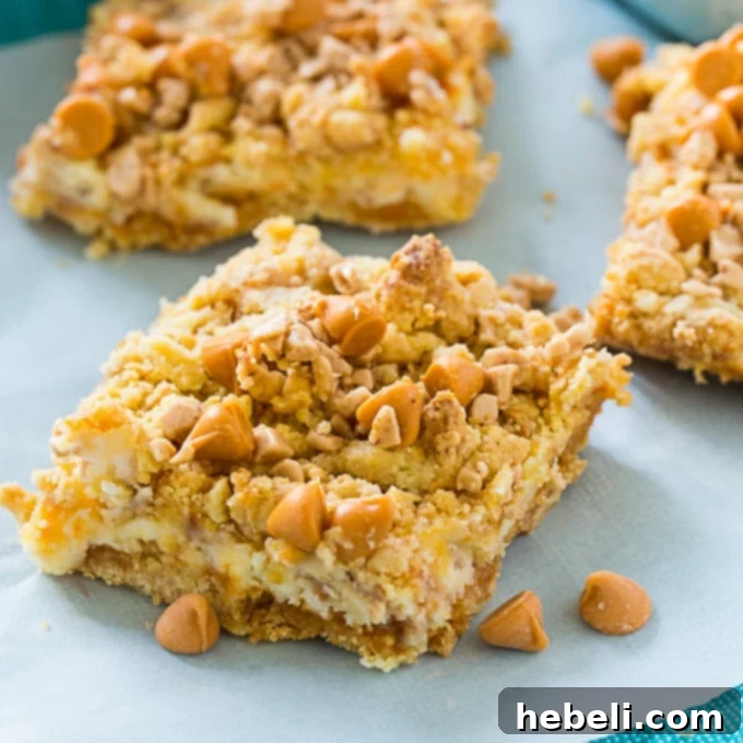Delicious Butterscotch Toffee Cheesecake Bars displayed beautifully