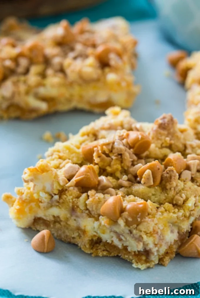 Sliced Butterscotch Toffee Cheesecake Bars showing layers of crust, filling, and topping