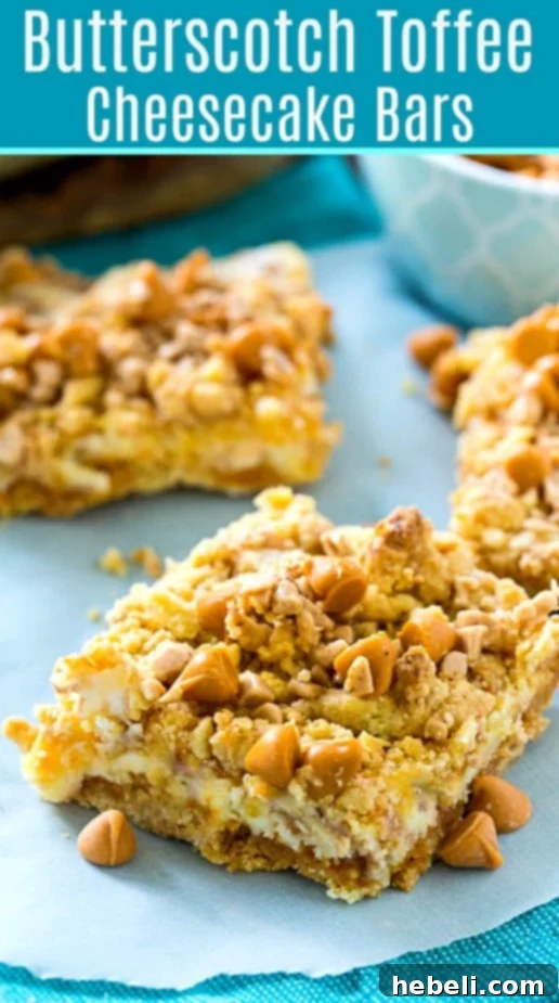 Close-up of Butterscotch Toffee Cheesecake Bars with a bite taken, showing the rich layers and textures
