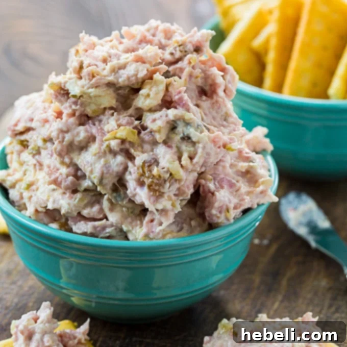 Southern Style Ham Relish 2 Delicious Country Ham Relish spread on crackers, ready to serve as a Southern appetizer.