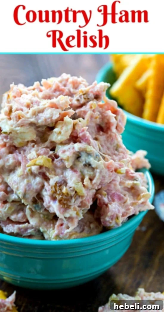 Southern Style Ham Relish 6 A serving of Country Ham Relish with a variety of crackers on a rustic wooden board.