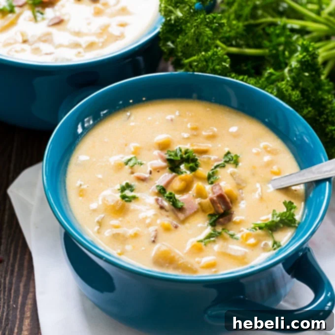 Crock Pot Ham and Corn Chowder - A creamy, cheesy, hearty soup for chilly days.