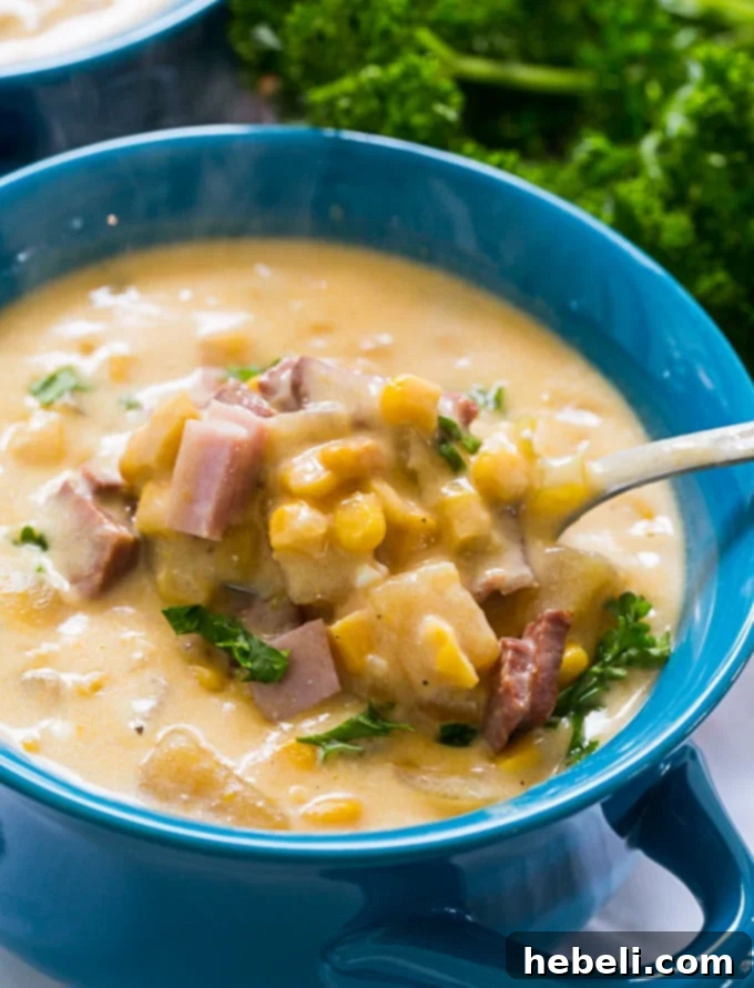 Close-up of a bowl of Crock Pot Ham and Corn Chowder, ready to be enjoyed.
