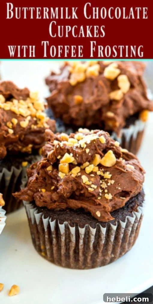 Exquisitely decorated Buttermilk Chocolate Cupcakes with Toffee Frosting, ready for a party