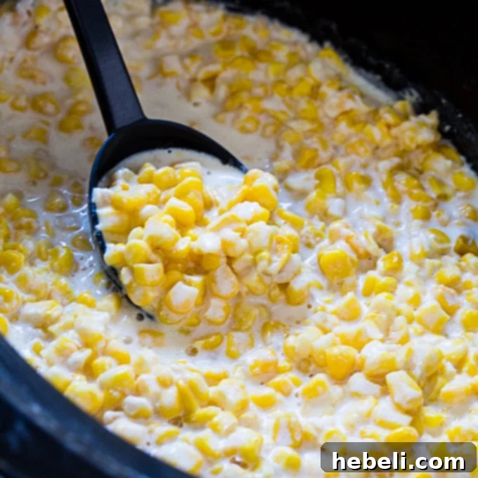 Velvety Slow Cooker Creamed Corn 2 Crock Pot Creamed Corn - A delicious, creamy side dish prepared in a slow cooker.