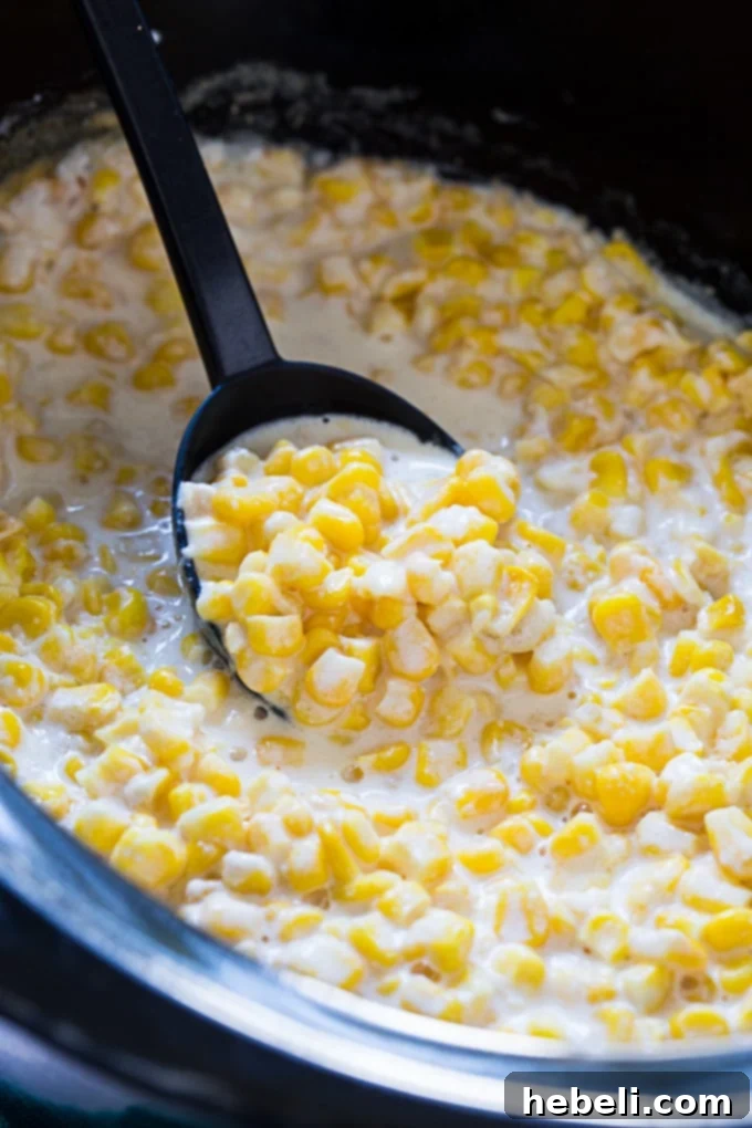 Velvety Slow Cooker Creamed Corn 3 Crock Pot Creamed Corn, a close-up of the rich and creamy texture.