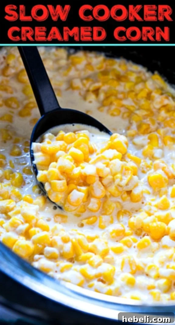 Velvety Slow Cooker Creamed Corn 5 Slow Cooker Creamed Corn, a close-up of a serving dish.