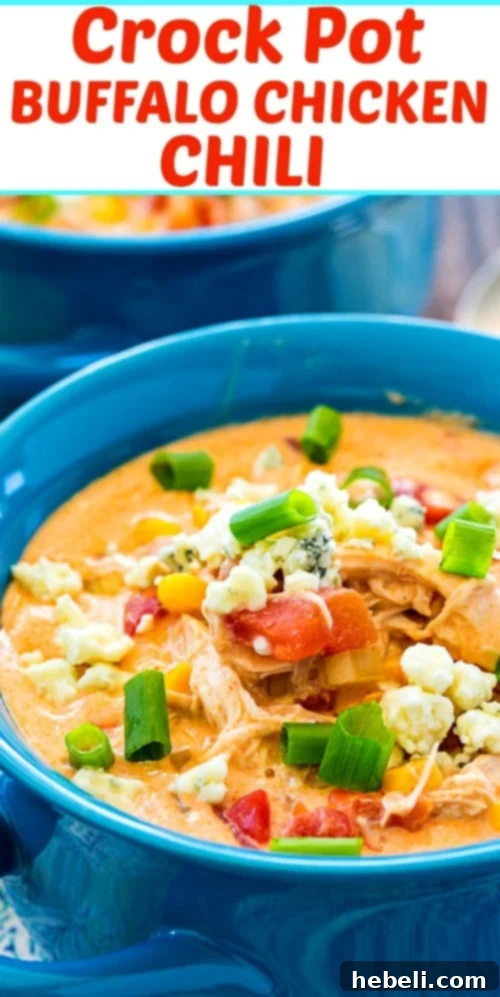 A final beauty shot of the Crock Pot Buffalo Chicken Chili, showcasing its rich, creamy texture and inviting appearance.