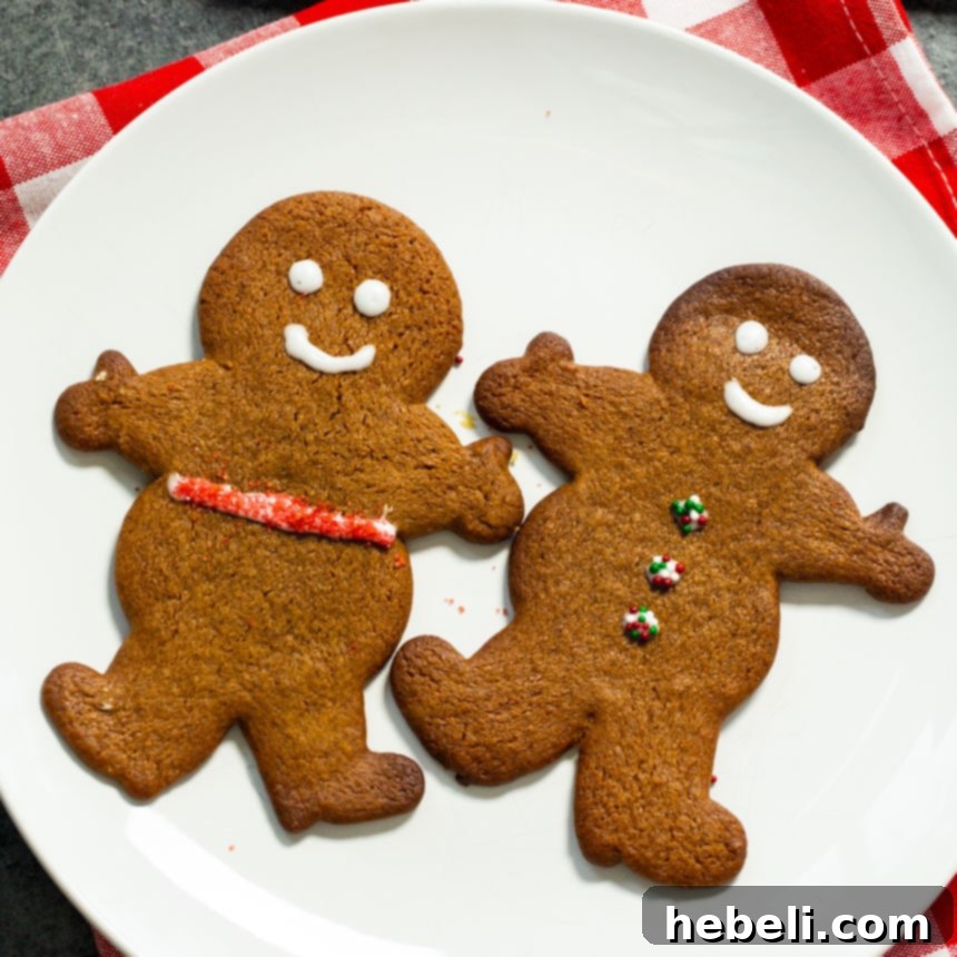 Festive Gingerbread Delights 2 Two perfectly baked, chewy gingerbread cookies resting on a white plate, ready for the holiday season.