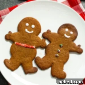 Two freshly baked gingerbread cookies on a plate.