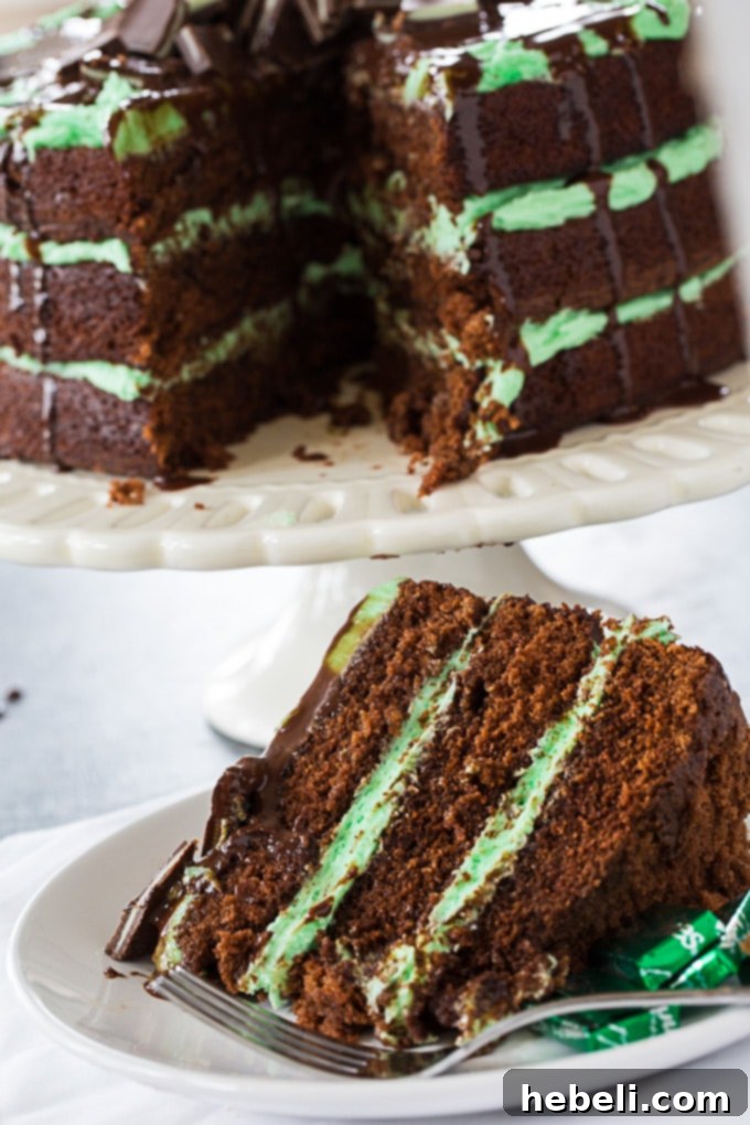 Close-up of a decadent slice of Andes Layer Cake on a white plate