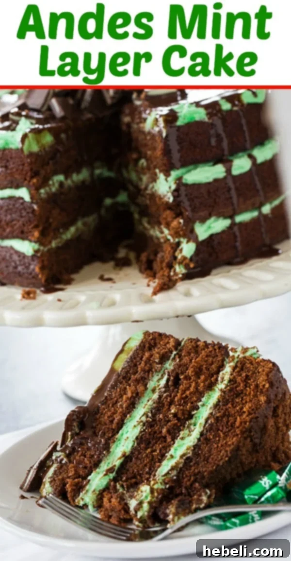 A perfectly portioned slice of Andes Layer Cake on a white plate with a fork