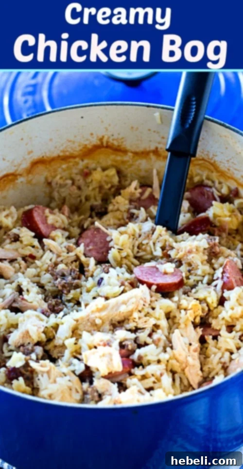 Creamy Chicken Bog, a hearty one-pot Southern comfort food dish featuring chicken, two kinds of sausage, and rice, perfect for family meals.