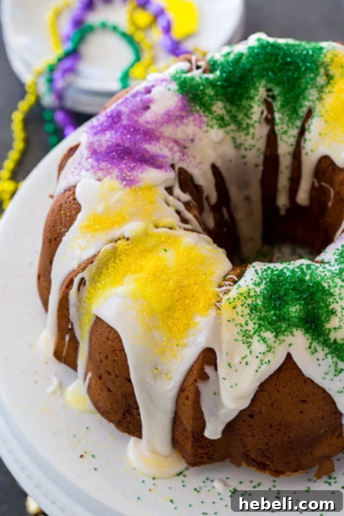 Festive Mardi Gras Pound Cake 3 Mardi Gras Pound Cake with cream cheese swirl close-up
