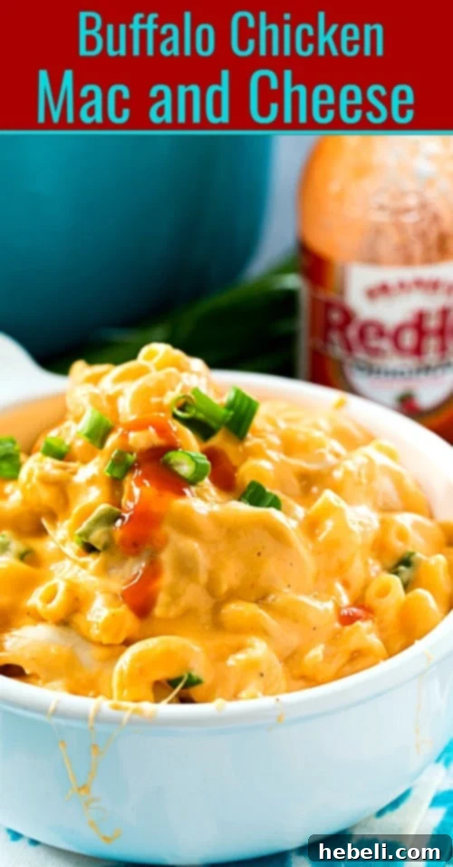 A vibrant close-up of Buffalo Chicken Mac and Cheese, showcasing the rich, creamy sauce, tender chicken, and perfectly cooked macaroni. Ideal for food bloggers and comfort food enthusiasts.