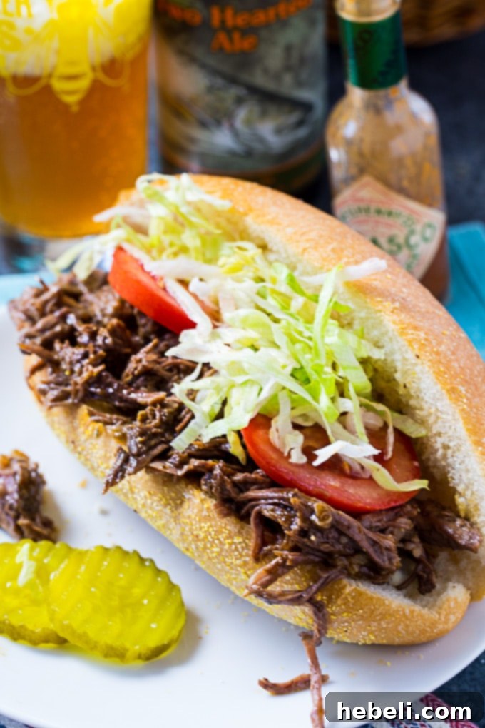 Slow-Roasted Beef Shreds 4 Delicious Roast Beef Debris Po Boy sandwich, ready to eat