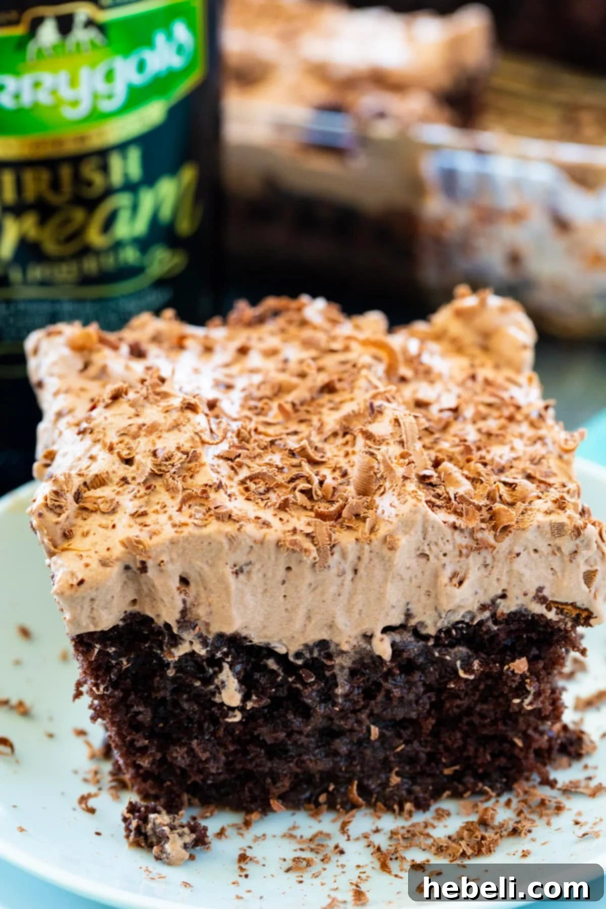 Close-up shot of the moist texture of the Irish Cream Poke Cake.