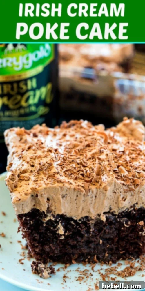 Irish Cream Poke Cake #StPatricksDay #dessert - A social media shareable image of the cake.