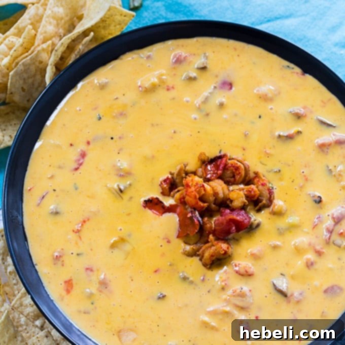 Crawfish Queso served in a bowl with a spoon