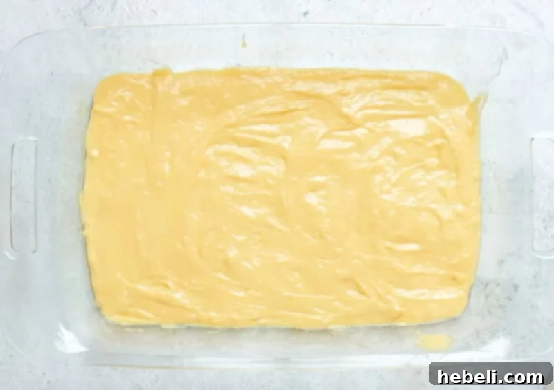 Bottom layer of cake batter in baking pan.