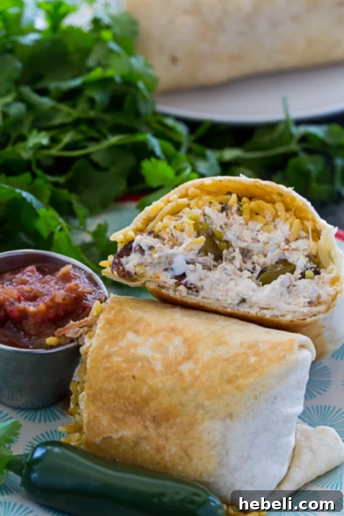 Dynamite Jalapeño Chicken Burrito 4 Jalapeno Popper Chicken Burritos plated with salsa