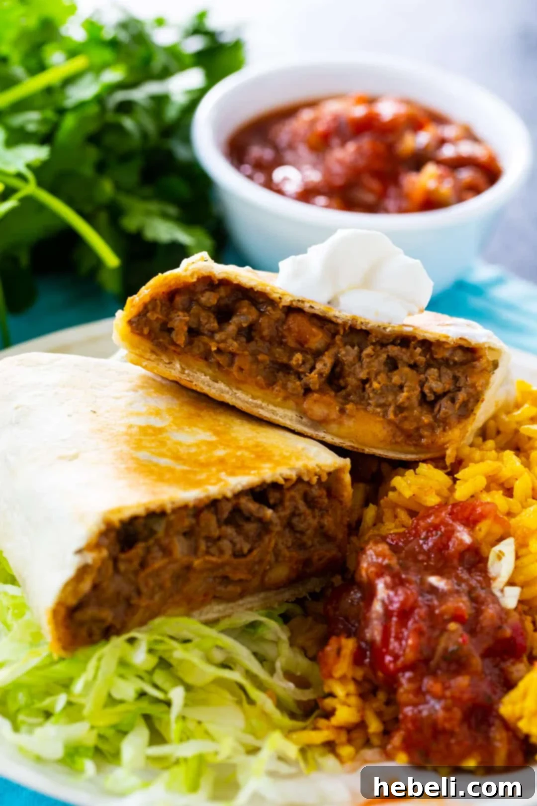 Hearty Beef & Bean Burritos 4 A single, perfectly rolled Beef and Bean Burrito presented on a plate with Mexican rice, inviting you to enjoy this delicious and hearty meal.