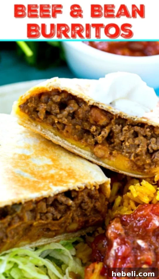 Hearty Beef & Bean Burritos 6 Two golden-brown Beef and Bean Burritos on a rustic wooden board, garnished with fresh cilantro, ready for a delicious family meal. #groundbeef #mexicanfood #burritos #easymeal #familydinner