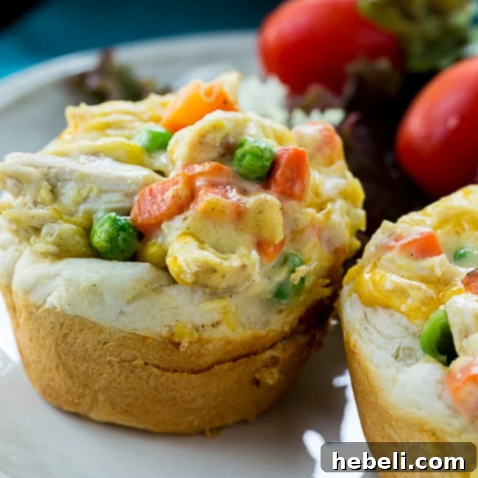 Mini Chicken Pot Pies - golden brown biscuit cups filled with creamy chicken and vegetables