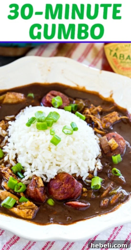 Gumbo in 30 Minutes 7 Close-up of a bowl of 30-Minute Gumbo, emphasizing its rich texture and savory ingredients like chicken and andouille sausage. #cajun #mardigras #quickrecipe