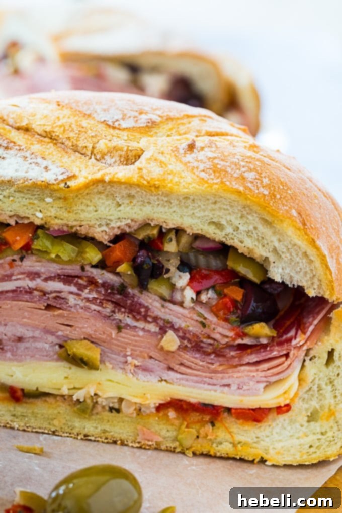 A delicious Muffaletta Sandwich, perfectly sliced and ready to serve, highlighting its suitability for Mardi Gras.