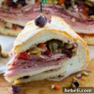 A perfectly prepared Muffaletta sandwich ready to be sliced.
