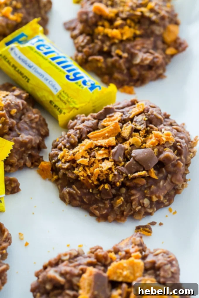 No-Bake Butterfinger Oatmeal Cookies, a close-up shot showing the texture.
