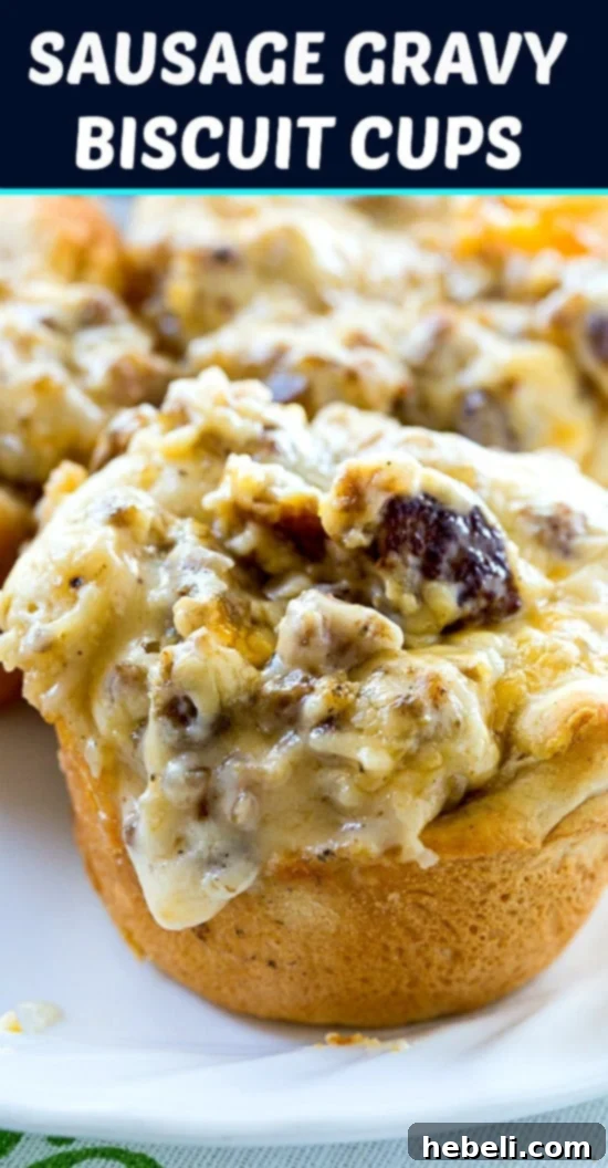 Sausage Gravy Stuffed Biscuit Cups 13 Close-up of a single Sausage Gravy Biscuit Cup, showing the flaky biscuit and rich gravy